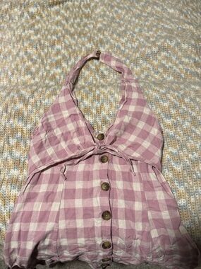 UO Pink and White Plaid Tie-Front Mini Dress